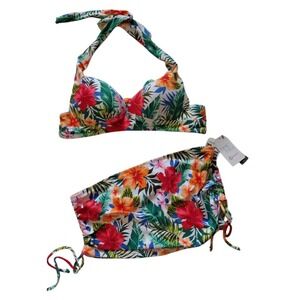 Time And Tru Bikini Woman's Small Floral Multicolor Floral Ruched Skirt Tropical